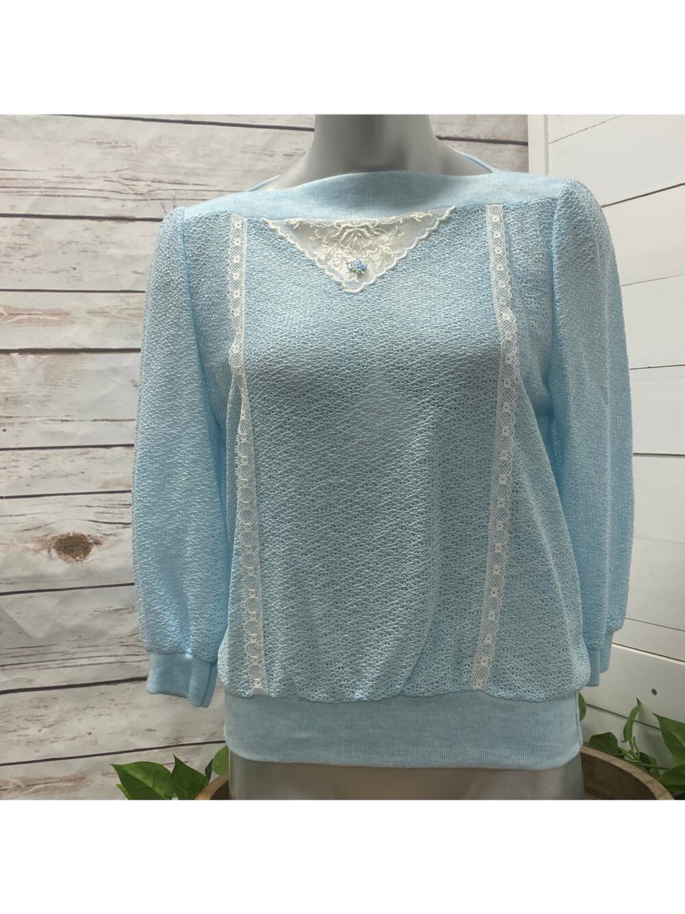 Vintage NWT ILGWU Lace Lightweight Knit Crochet Weave Boat Neck Baby Blue Medium